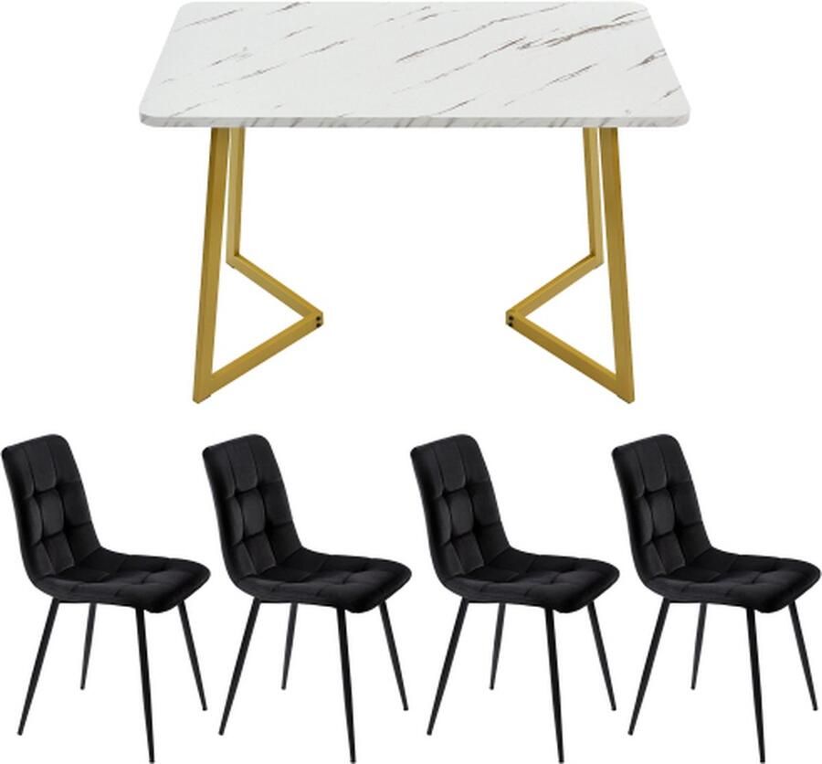 Gotagee Rechthoekige eettafel met 4 stoelen set Zwart Fluweel Eetkamerstoel Keukentafel set Gouden tafelpoten