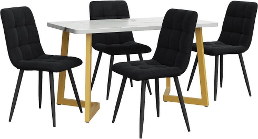 Gotagee Rechthoekige eettafel met 4 stoelen set Zwart Fluweel Eetkamerstoel Keukentafel set Gouden tafelpoten