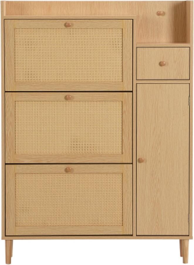 Gotagee Rotan schoenenkast van hout – geschikt voor smalle entrees – 3 kanteldeuren en 1 lade – met massief houten poten en handgrepen – B90 H125 D17 cm