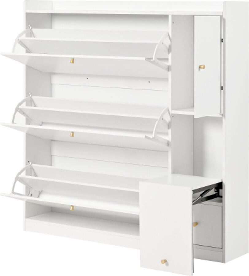 Gotagee Schoenenkast met 3 Klapladen Opslagorganizer voor de Gang met Lade Vrijstaand Schoenrek met uitklapbare Zitting voor de gang Wit 119*24*122