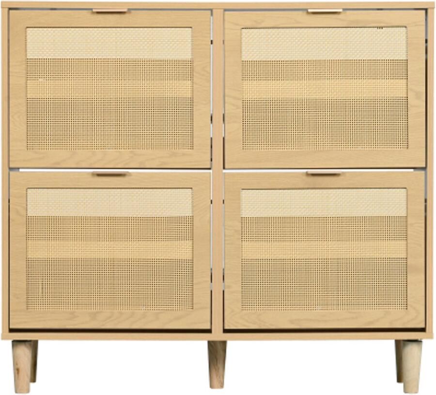 Gotagee Schoenenkast met 4 uitklapbare laden rotan schoenenkast met metalen handgrepen schoenenrek voor hal slaapkamer appartement houten meubels 100 x 25 x 90 cm