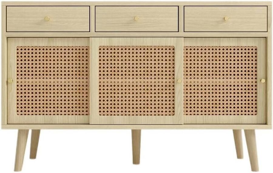 Gotagee Sideboard met lades en schuifdeuren Rotan massief houten poten met gouden metalen handgreep verstelbare planken Eiken