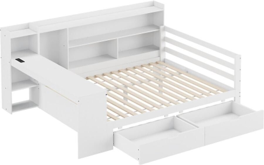 Gotagee Slaapbank 140x200 cm met bureau boekenplank opbergvakken en planken met stopcontact 2 lades multifunctioneel tweepersoonsbed van hout wit