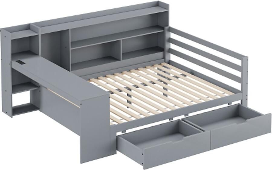 Gotagee Slaapbank 140x200 cm met bureau boekenplank opbergvakken en planken met stopcontact 2 lades multifunctioneel tweepersoonsbed van hout grijs