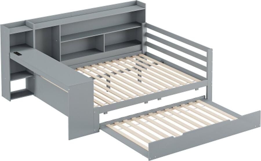 Gotagee Slaapbank 140x200 cm met bureau boekenplanken opbergvakken en planken met stopcontacten uitschuifbaar bed onder het bed multifunctioneel tweepersoonsbed van hout zonder matras grijs