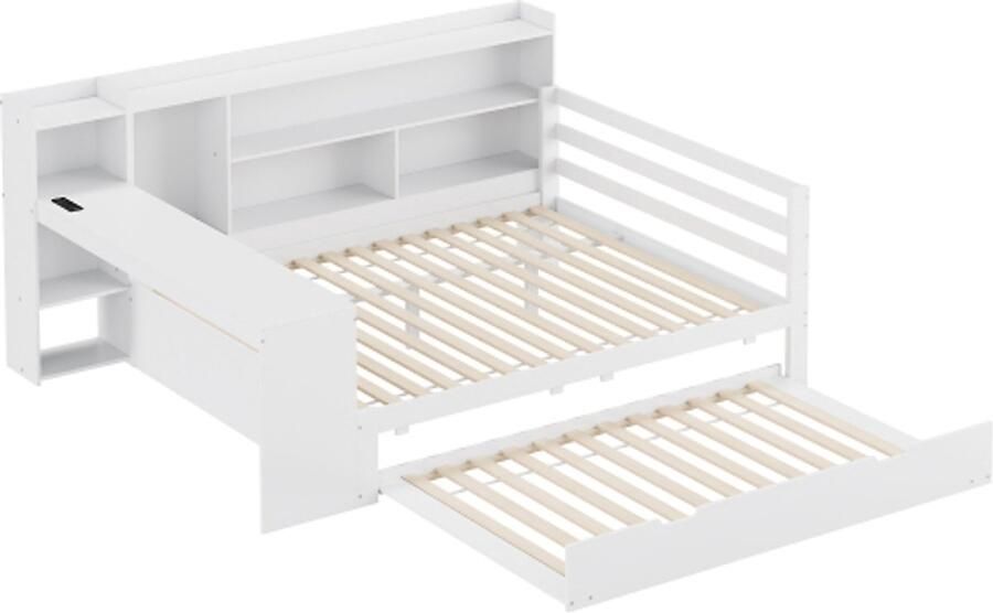Gotagee Slaapbank 140x200 cm met bureau boekenplanken opbergvakken en planken met stopcontacten uitschuifbaar bed onder het bed multifunctioneel tweepersoonsbed van hout zonder matras wit