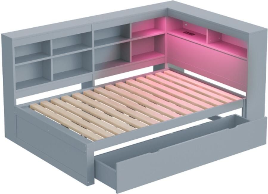 Gotagee Slaapbank 140x200cm met extra grote lades met USB-aansluiting en LED-lichtstrip met planken en opbergvakken veel opbergruimte multifunctioneel tweepersoonsbed van hout grijs(zonder matras)