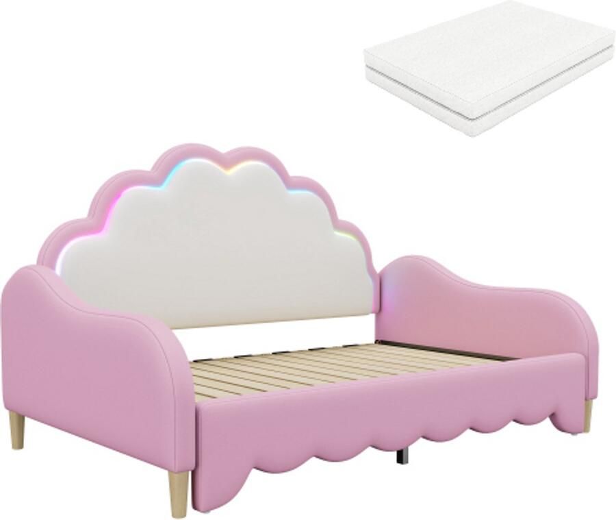 Gotagee Slaapbank 140x200cm om te bouwen tot een plat bed hoofdeinde met sfeerverlichting compleet met matras afstandsbediening roze