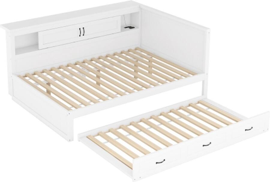 Gotagee Slaapbank 140x200cm sfeerverlichting met afstandsbediening nachtkastje uitschuifbaar bed stopcontact + USB zonder matras wit