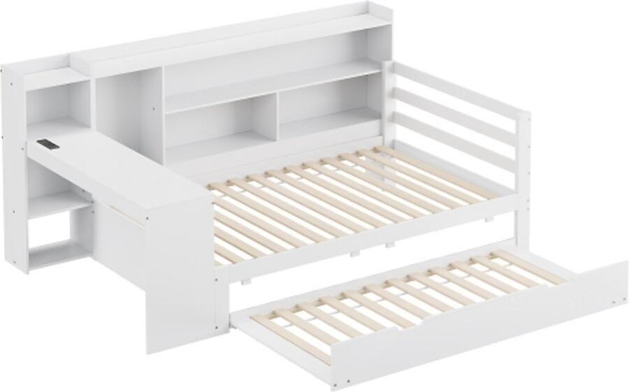 Gotagee Slaapbank 90x200 cm met bureau boekenplanken opbergvakken en planken met stopcontacten uitschuifbaar bed onder het bed zonder matras wit