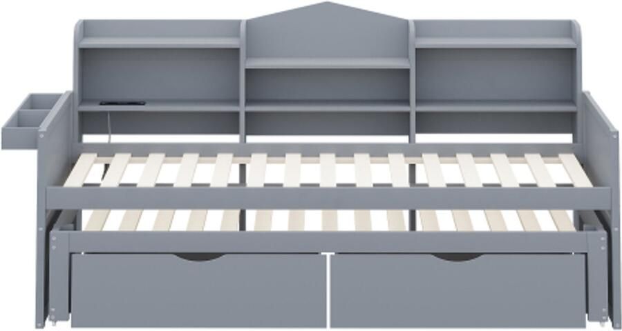 Gotagee Slaapbank 90x200 uitschuifbaar bed 90x190 met twee lades groot opbergvak en opbergmand USB-aansluiting eenpersoonsbed van hout grijs(zonder matras)