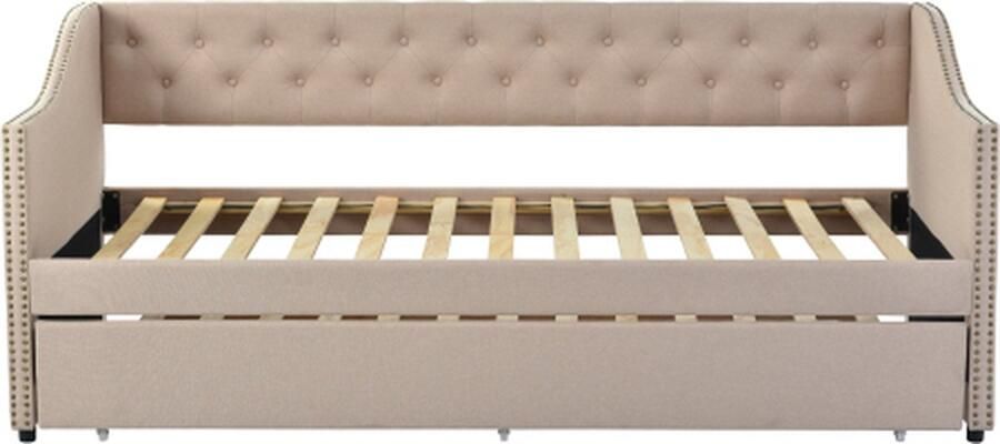 Gotagee Slaapbank 90x200cm Gestoffeerd bed (zonder matras) met trekbed Beige Linnen