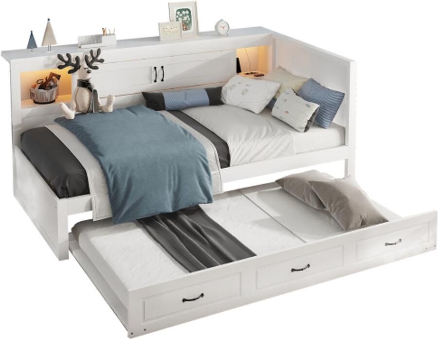 Gotagee Slaapbank 90x200cm sfeerverlichting met afstandsbediening nachtkastje uitschuifbaar bed stopcontact + USB zonder matras wit