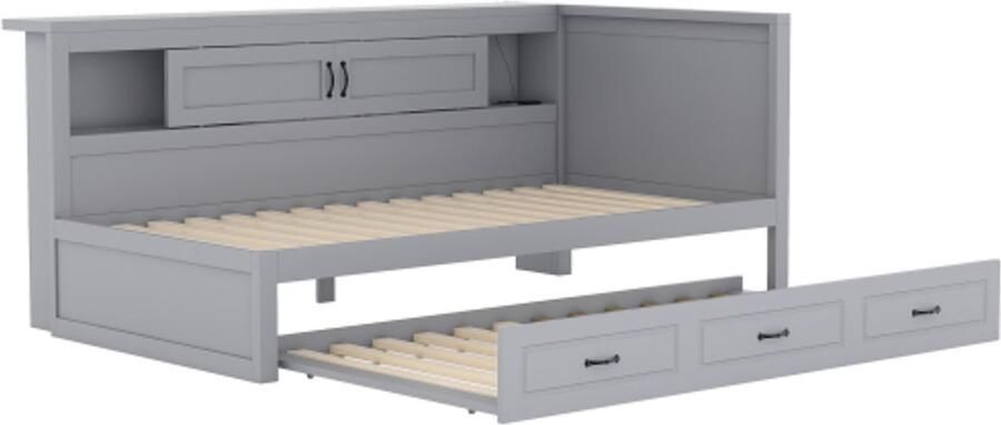 Gotagee Slaapbank 90x200cm sfeerverlichting met afstandsbediening nachtkastje uitschuifbaar bed stopcontact + USB zonder matras grijs