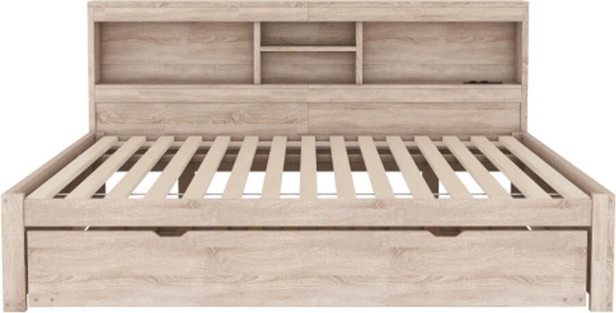 Gotagee Slaapbank daybed 140x200cm sfeerverlichting met afstandsbediening nachtkastje uitschuifbaar bed stopcontact + USB zonder matras natuur