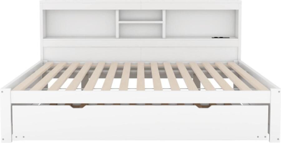 Gotagee Slaapbank daybed 140x200cm sfeerverlichting met afstandsbediening nachtkastje uitschuifbaar bed stopcontact + USB zonder matras wit