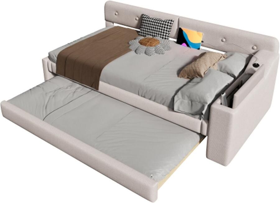 Gotagee Slaapbank daybed 90x200cm met lattenbodem (zonder matras) met uitschuifbaar bed met uitklapbaar opbergvak usb+type-c linnen beige