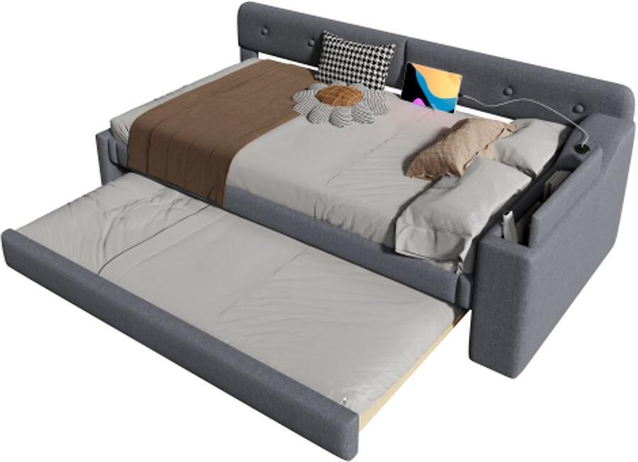 Gotagee Slaapbank daybed 90x200cm met lattenbodem (zonder matras) met uitschuifbaar bed met uitklapbaar opbergvak usb+type-c linnen grijs