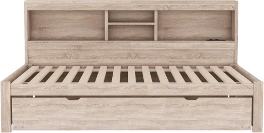 Gotagee Slaapbank daybed 90x200cm sfeerverlichting met afstandsbediening nachtkastje uitschuifbaar bed stopcontact + USB zonder matras natuur