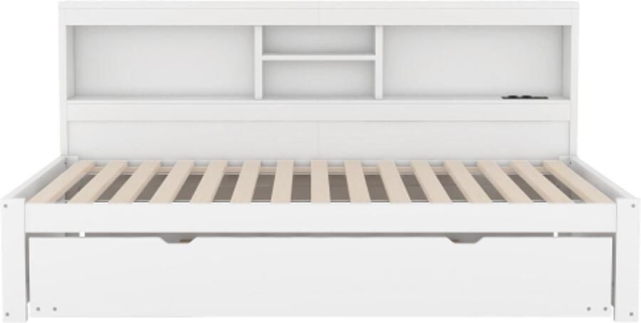 Gotagee Slaapbank daybed 90x200cm sfeerverlichting met afstandsbediening nachtkastje uitschuifbaar bed stopcontact + USB zonder matras natuur