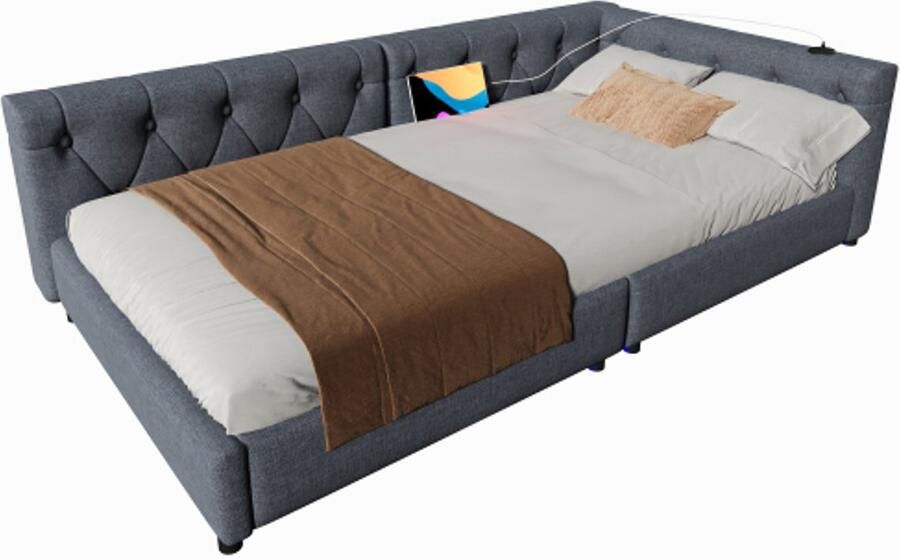 Gotagee Slaapbank daybed 90x200cm slaapbank met lattenbodem (zonder matras) sfeerverlichting met afstandsbediening hoofdbord met knoopsluiting USB+Type-c linnen Grijs