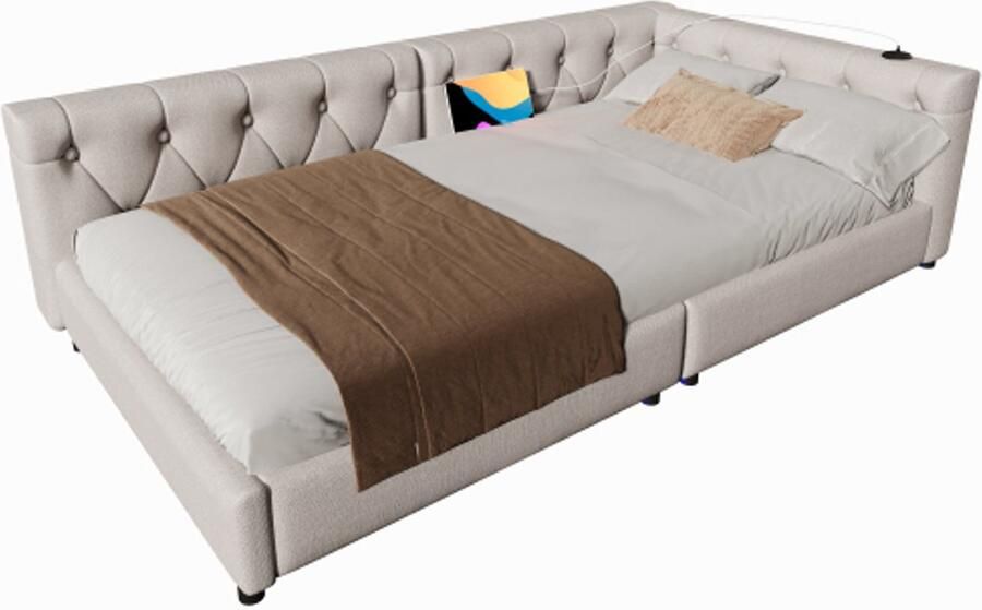 Gotagee Slaapbank daybed 90x200cm slaapbank met lattenbodem (zonder matras) sfeerverlichting met afstandsbediening hoofdbord met knoopsluiting USB+Type-c linnen beige