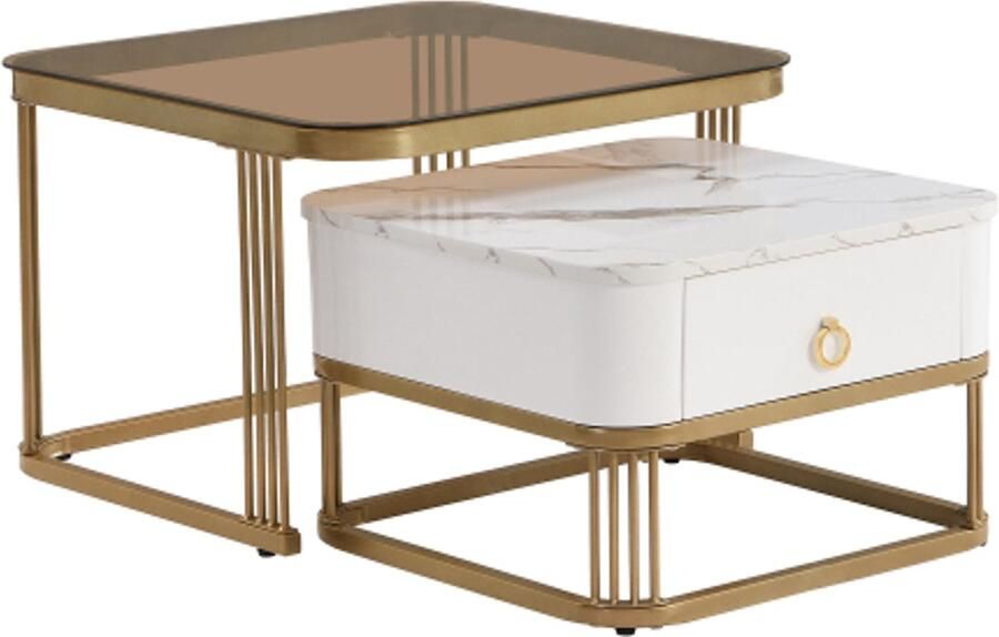Gotagee Stapelbare salontafel: hoogglans marmerlook en theebruin glazen blad gouden poten bijzettafel met lades