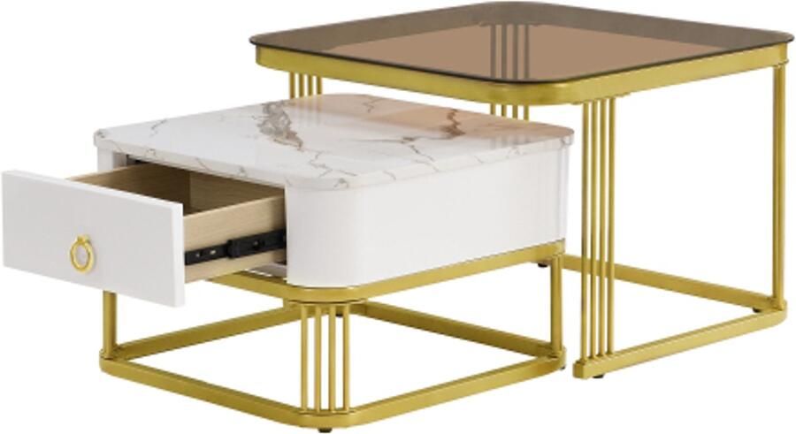 Gotagee Stapelbare salontafel: hoogglans marmerlook en theebruin glazen blad gouden poten bijzettafel met lades