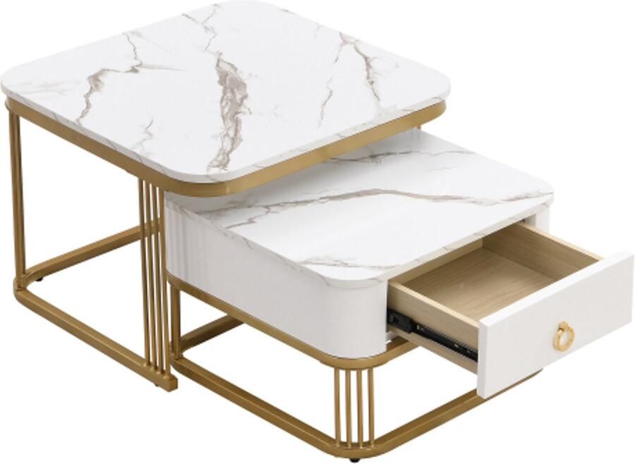 Gotagee Stapelbare salontafel: Hoogglans marmerlook gouden accenten bijzettafel met lades. tweedelige set
