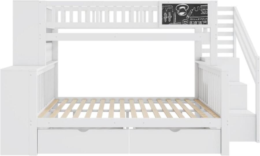 Gotagee Stapelbed 140x200cm en 90x200cm kinderbed (zonder matras) huisbed met graffitibord met trap opbergkasten met lades wit