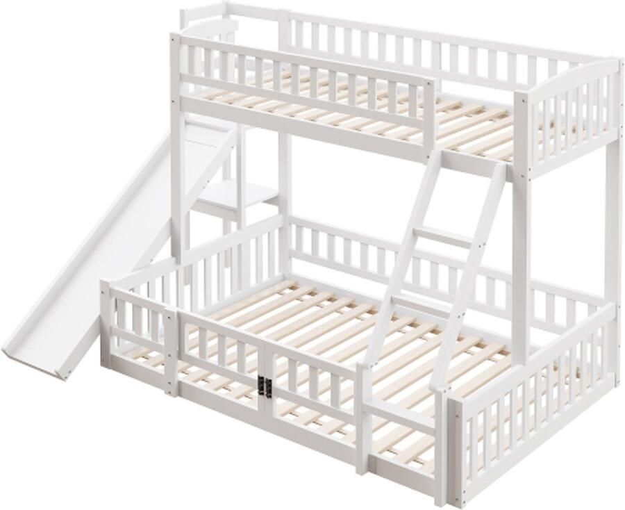 Gotagee Stapelbed 90 x 200cm en 140 x 200cm leuning grenenhout glijbaan treden meerdere legplanken uitschuifbare kleine deur zonder matras wit