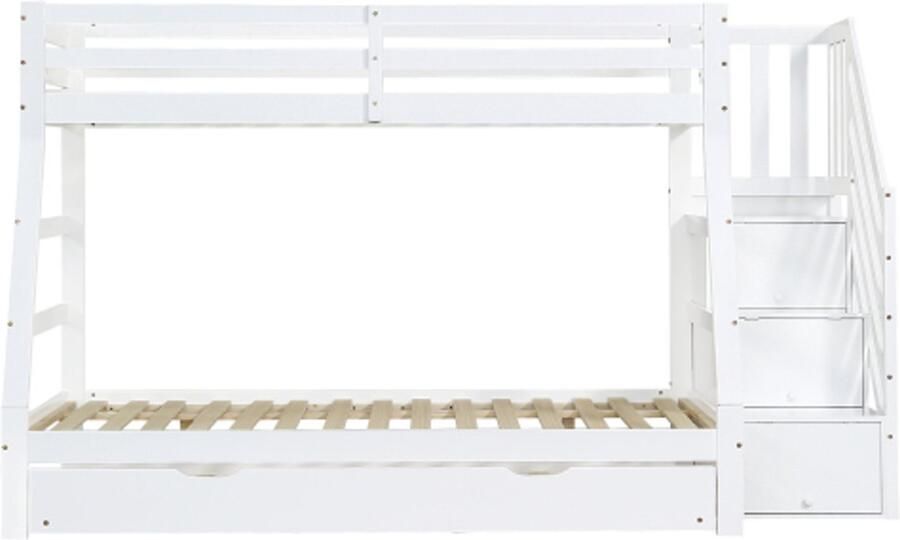 Gotagee Stapelbed 90 120x200CM met uitschuifbed kinderbed met ladderkast en leuning met veiligheidshekje aan alle kanten grenen+MDF wit uitschuifbed 90x190CM