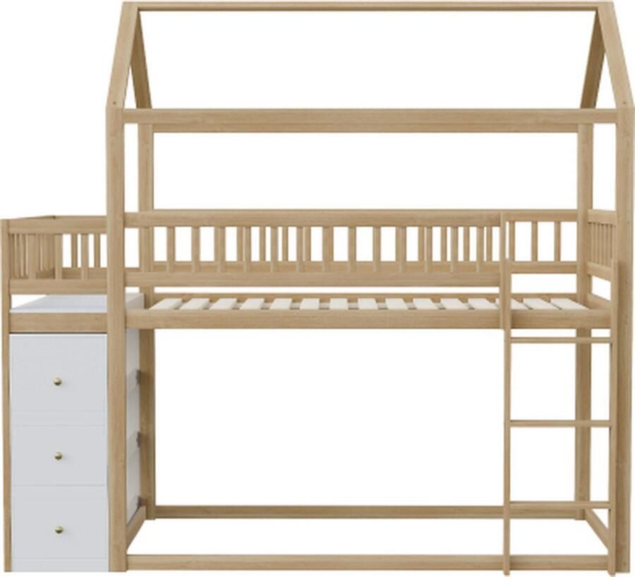 Gotagee Stapelbed 90x200 cm huisvorm veiligheidshekontwerp met opbergkist en planken laag hoogslaper met ladder massief houten frame
