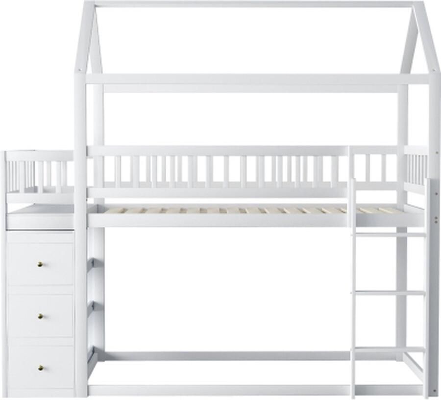 Gotagee Stapelbed 90x200 cm huisvorm veiligheidshekontwerp met opbergkist en planken laag hoogslaper met ladder massief houten frame