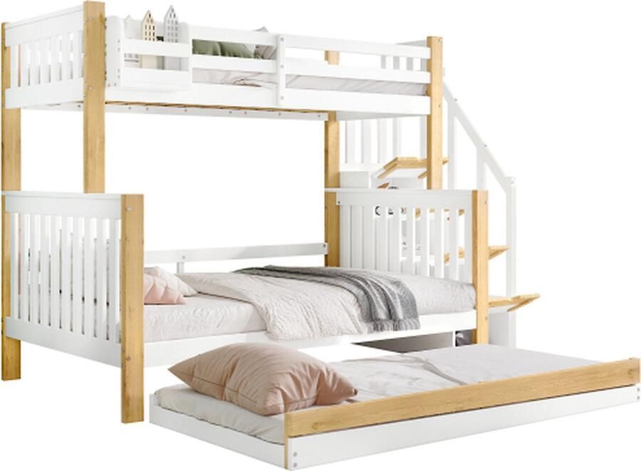 Gotagee Stapelbed 90x200 120x200cm (zonder matras) Kinderbed met valbeveiliging leuning trap en uitschuifbed design wit+naturel