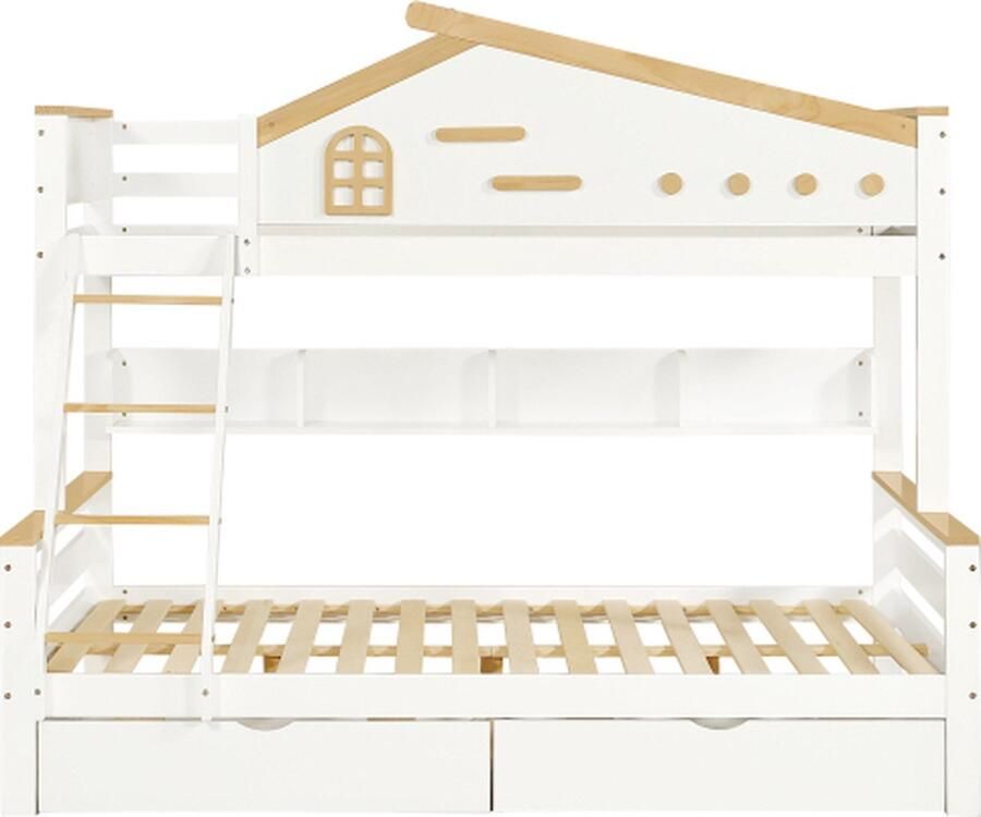 Gotagee Stapelbed 90x200 140x200cm (zonder matras) Kinderbed met veiligheidshekje en open plank met raam schuine ladder en 2 lades wit+naturel