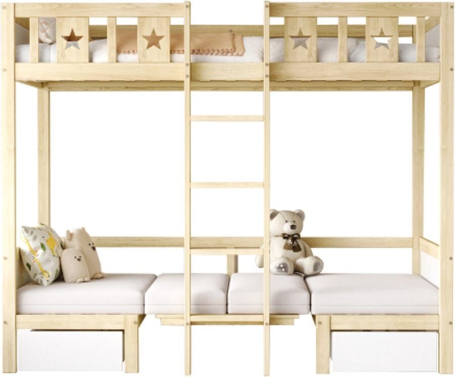 Gotagee Stapelbed 90x200cm bed bureau 2 in 1 zelf gestoffeerd met twee grote lades bedframe met ladder houten bed kinderbed(zonder matras)