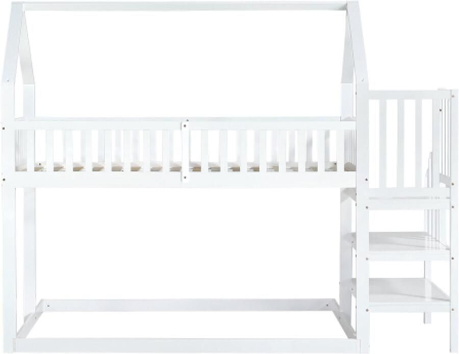 Gotagee Stapelbed 90x200cm huisbed met trap kinderbed met valbeveiliging en spijlen frame van grenenhout wit