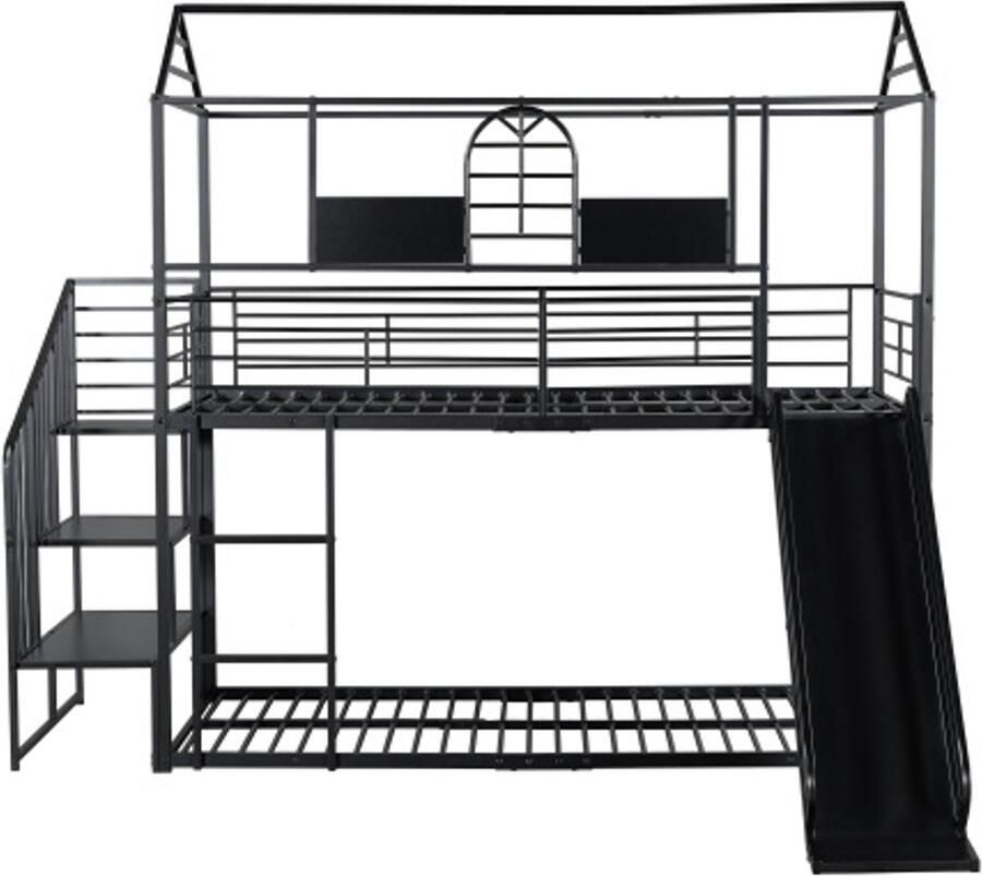 Gotagee Stapelbed 90x200cm ijzeren frame bed kinderbed met dak en raam met glijbaan en zijladder geschikt voor kinderen en tieners met zijladder met veiligheidshekje ijzer zwart