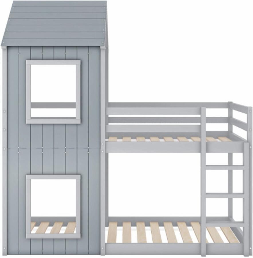 Gotagee Stapelbed 90x200cm kinderbed huisbed met ladder & hemel van vloer tot plafond grijs