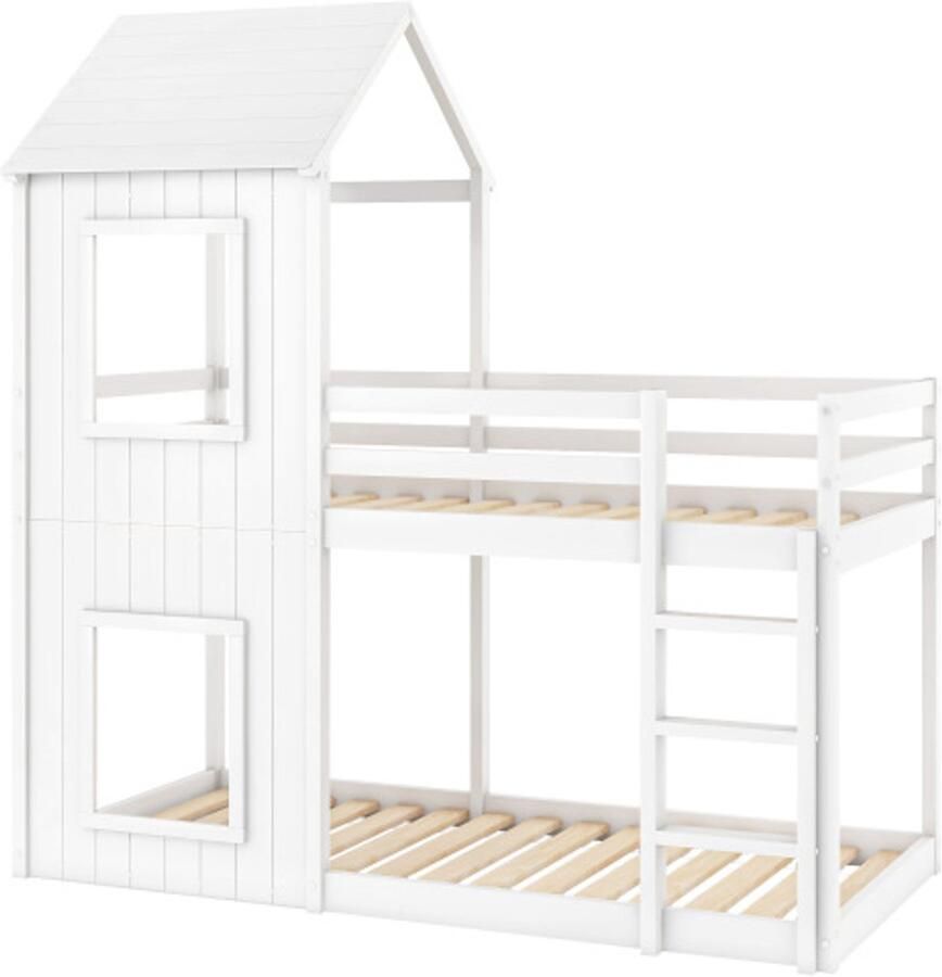 Gotagee Stapelbed 90x200cm kinderbed huisbed met ladder & hemel van vloer tot plafond massief hout wit Zonder matras