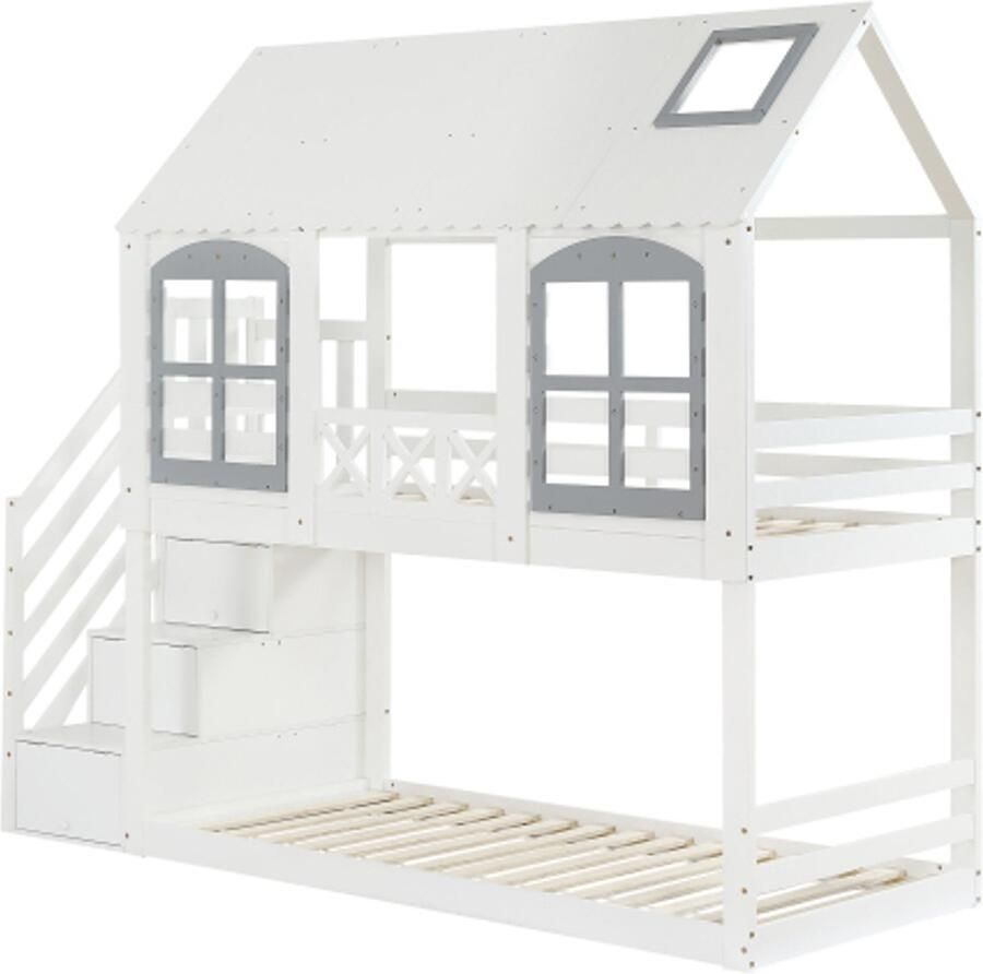Gotagee Stapelbed 90x200cm kinderbed met dak en raam met veiligheidshekje met 3 opbergvakken in de trap veel opbergruimte grenen+MDF wit+grijs