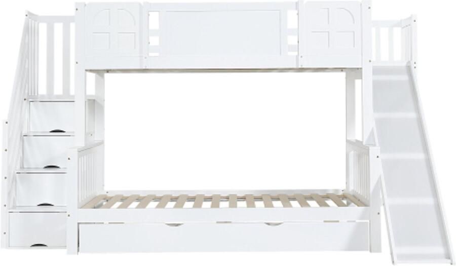 Gotagee Stapelbed 90x200cm kinderbed met raam met kinderglijbaan lades met wielen trap met leuning met 4 opbergvakken in de trap veelzijdig design veel opbergruimte grenen+MDF wit