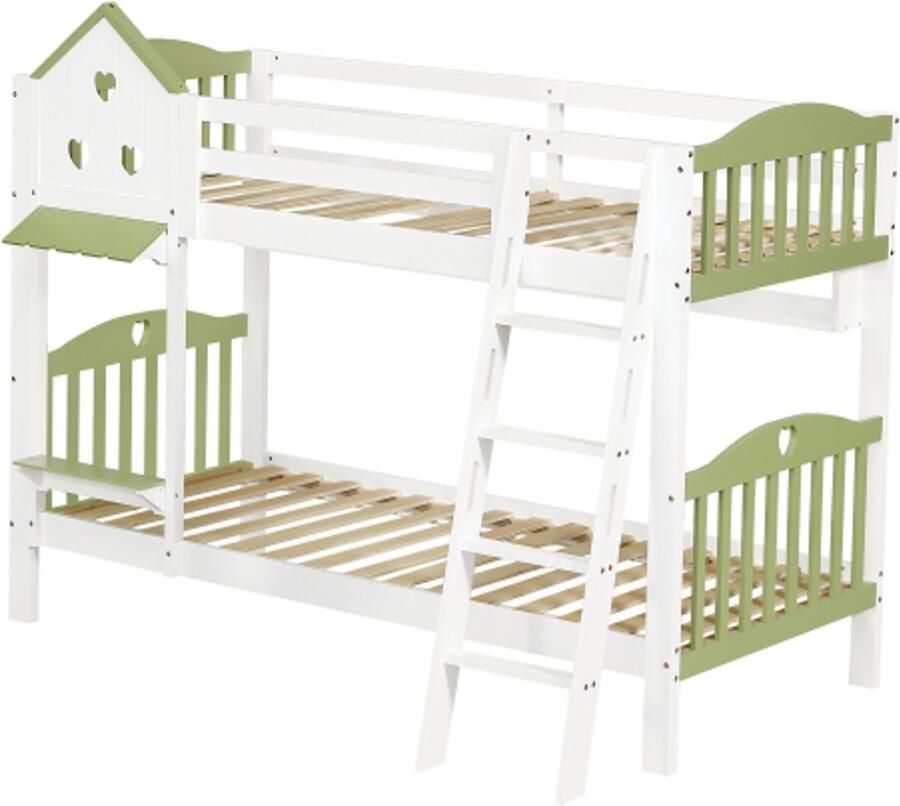 Gotagee Stapelbed 90x200cm kinderbed met valbeveiliging en leuning met dak en raam open plank massief houten hek met viertrapsladder massief houten frame grenen+MDF wit+groen