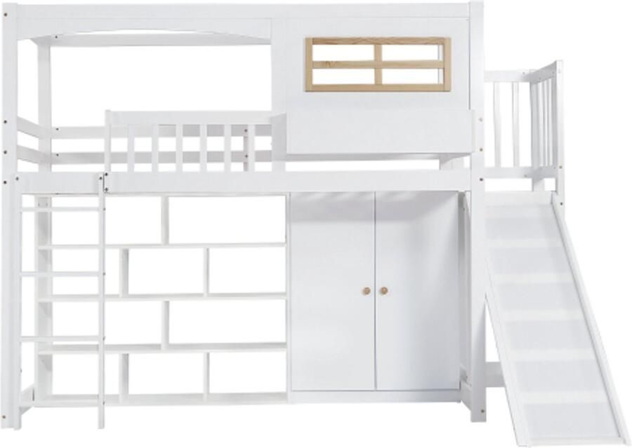 Gotagee Stapelbed 90x200cm kinderbed met veiligheidshekje met kinderglijbaan en kledingkast veel opbergruimte met viertrapsladder grenen+MDF+multiplex wit