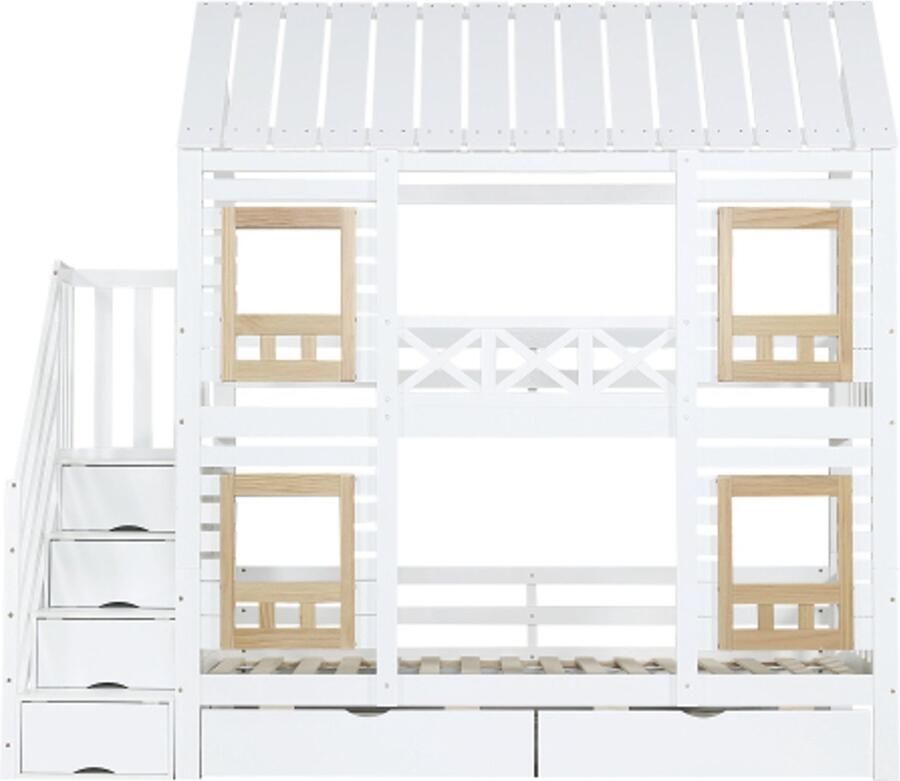 Gotagee Stapelbed 90x200cm kinderbed met veiligheidshekje met raam twee lades met wielen trap met 4 opbergvakken grenen + MDF wit + naturel