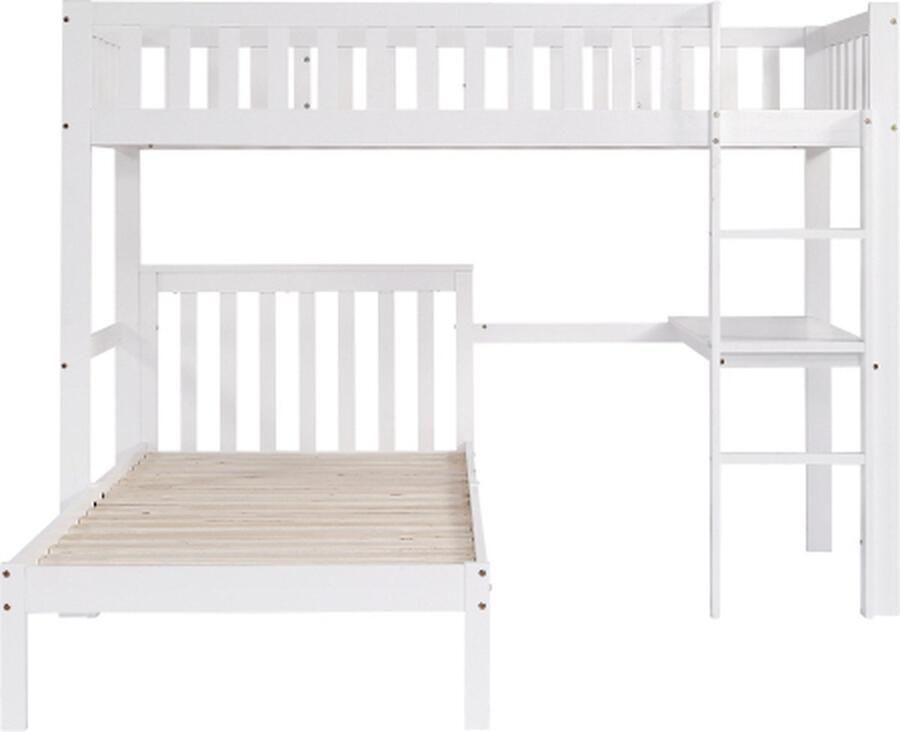 Gotagee Stapelbed 90x200cm Kinderbed (zonder matras) Dennen Wit Met drie-trapsladder en veiligheidshek Met bureau Met lattenbodem