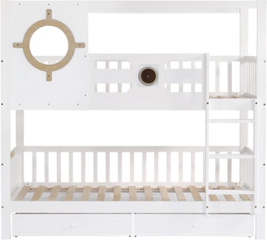 Gotagee Stapelbed 90x200cm kinderbed (zonder matras) grenen wit en natuur huisbed opbergbed met valbeveiliging rooster met twee lades met wielen