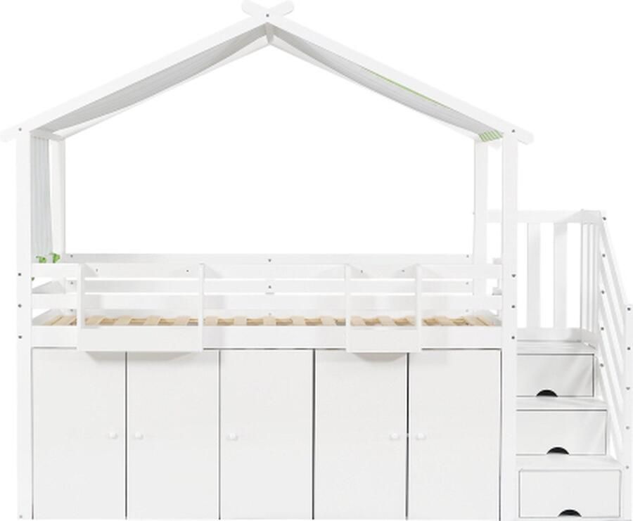 Gotagee Stapelbed 90x200cm kinderbed zonder matras met veiligheidshekje kledingkast en kluisjes met kluisjes in de trap