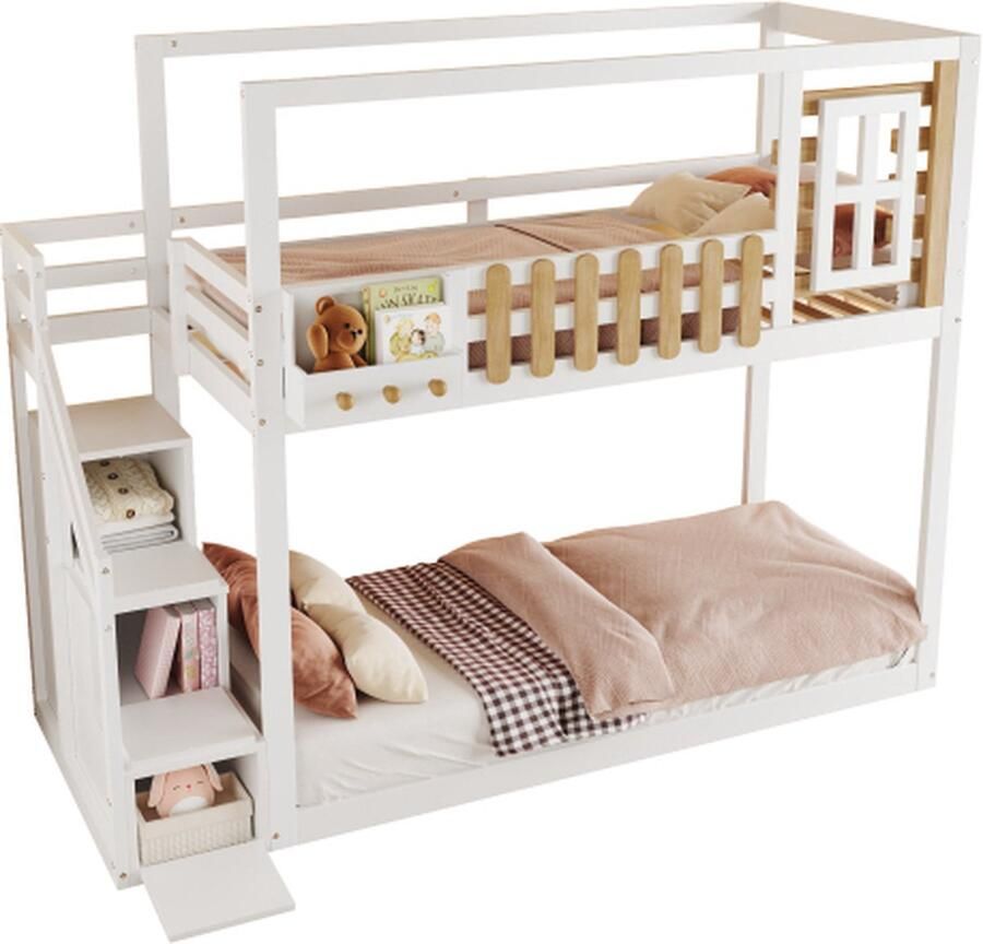 Gotagee Stapelbed 90x200cm kinderbed (zonder matras) wit grenen huisbed jeugdbed massief houten bed met 3 opbergvakken in de trap met valbeveiliging